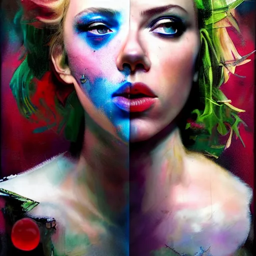 Image similar to drunken scarlett johansson as delirium from sandman, ( hallucinating colorful soap bubbles ), by jeremy mann, by sandra chevrier, by dave mckean and richard avedon and maciej kuciara, punk rock, tank girl, high detailed, one green eye and one blue eye, 8 k