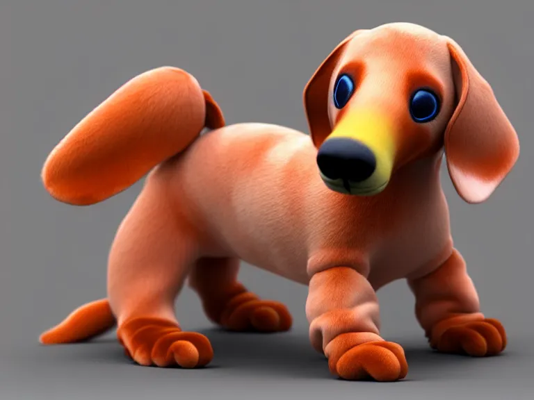 Image similar to high quality 3 d render hyperrealist very cute very fluffy smooth dachshund plush mascot, photo from the side, multi pastel colors, vray, smooth background, artstation, ultra detailed