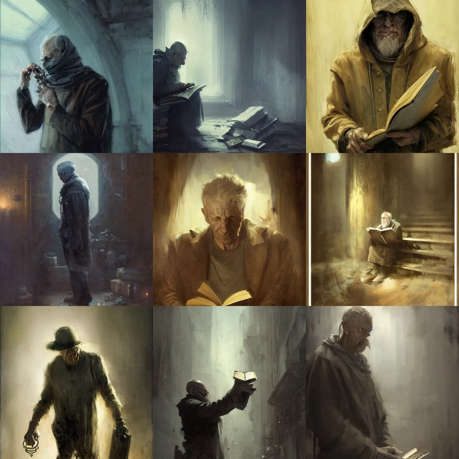 Prompt: portrait of destiny from sandman, old man wearing a cosed cowl, old book chained to the wrist, by jeremy mann, by gerald brom, by cedric peyravernay, mysterious atmosphere, high detailed, 8 k