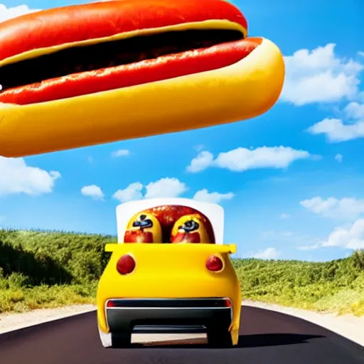 Prompt: a hotdog SUV riding a mustard road