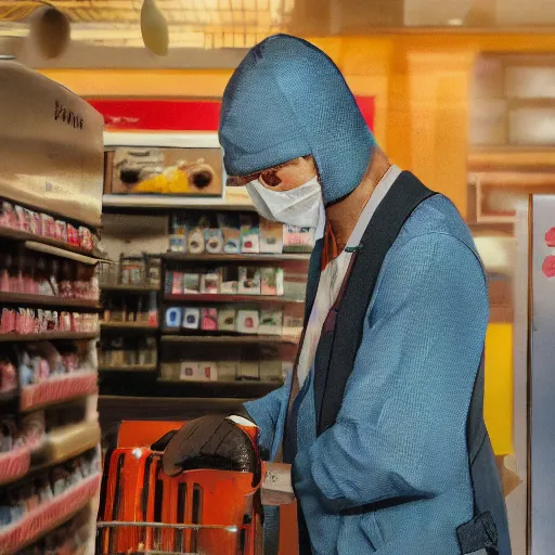 Image similar to a masked man at a self checkout stealing a banana, trending on artstation, depth field, unreal engine, cinematic, hyper realism, high detail, 8 k