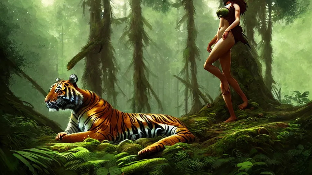 Image similar to a queen of the forest, with beautiful woman body, lost in the forest with tiger, detailed digital art by greg rutkowski.