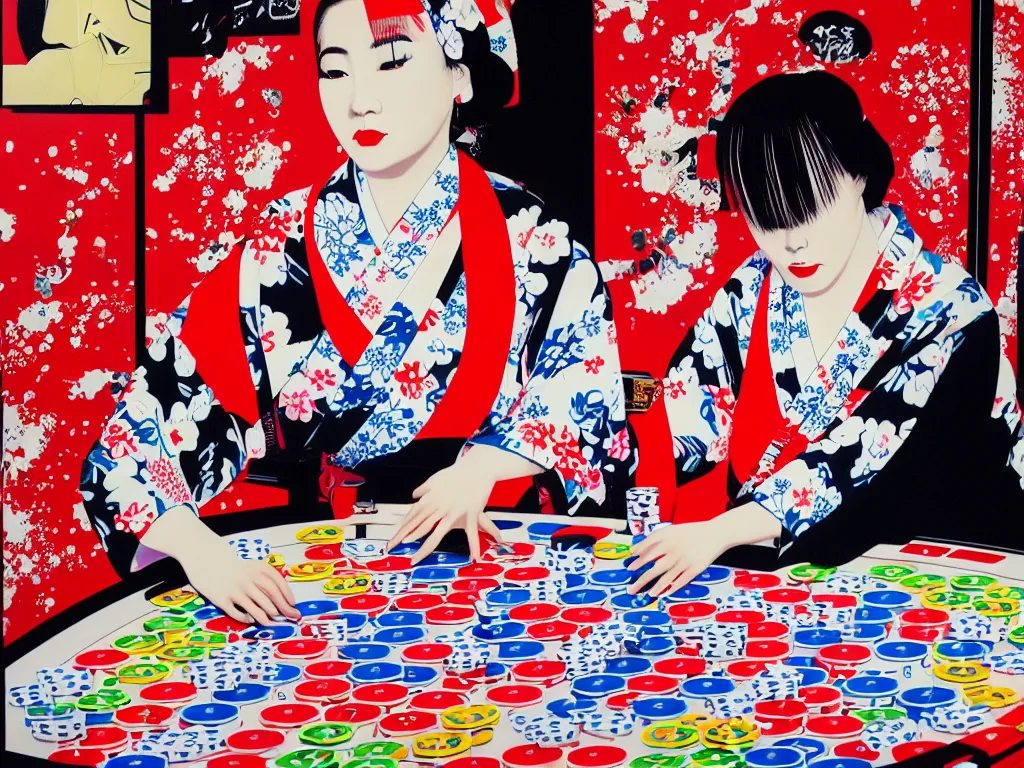 Image similar to hyperrealism composition of the detailed single woman in a japanese kimono sitting at an extremely detailed poker table with stormtrooper, fireworks, river on the background, pop - art style, jacky tsai style, andy warhol style, acrylic on canvas