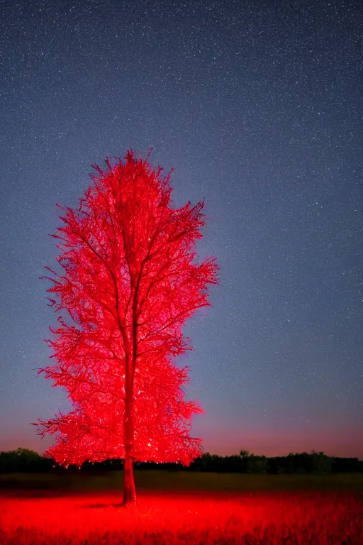 Prompt: A giant glowing red tree made out of light in the center of a corn field blasting off into space, 8K UHD, blue color scheme