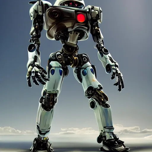 Image similar to a _ full _ body _ shot _ of _ an _ imposing _ cyborg mecha gorrila modeled _ after _ a _ futuristic solar punk technology mecha suit _ with _ glowing _ eyes _ with _ glowing _ eyes _ looking _ into _ the _ camera _ android _ cyborgglowin - h _ 6 4 0