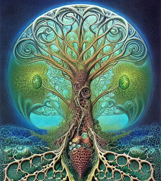 Image similar to tree of life by roger dean and andrew ferez, art forms of nature by ernst haeckel, divine chaos engine, symbolist, visionary, art nouveau, botanical fractal structures, organic, detailed, realistic, surreality