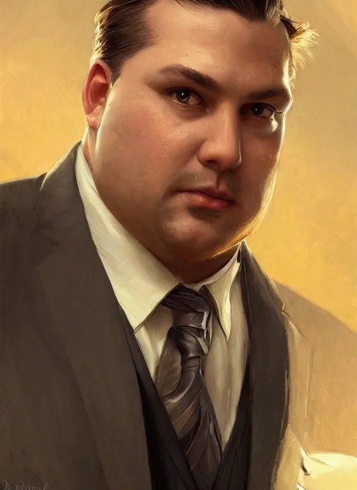 Image similar to wow! fantasy portrait of a clean - shaven chubby chubby chubby white man in a suit and tie, d & d, high fantasy, detailed, digital art, artstation, smooth, sharp focus, art by artgerm, greg rutkowski, alphonse mucha