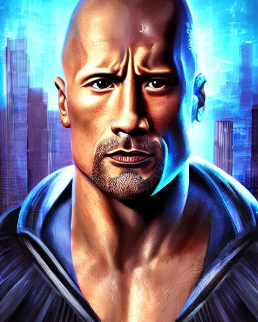 Prompt: epic portrait of cyberpunk dwayne johnson, digital art