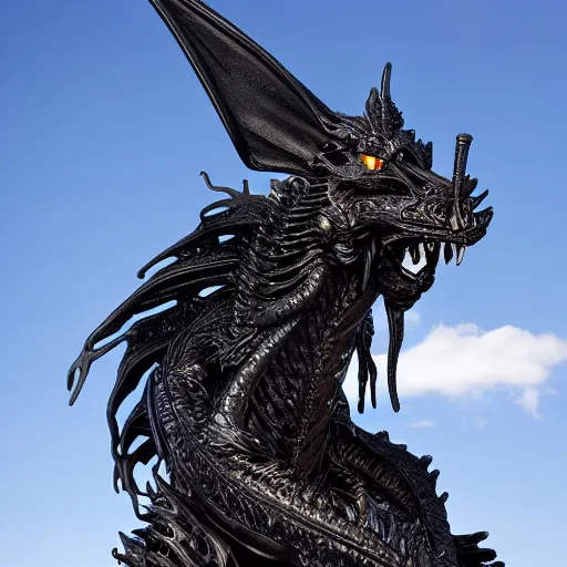 Image similar to statue of a black dragon, inexplicable cinematic, 8 k resolution, and behavior, and paint oil paint metal liquid metal sculpture