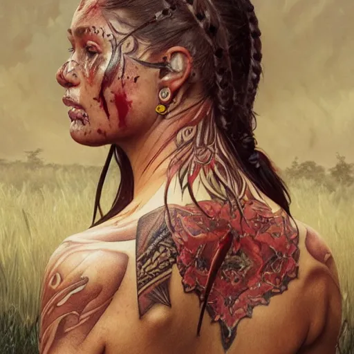 Image similar to zoomed out portrait painting of a muscular bloodied tribal girl butcher, tattooed, lower back, ultra realistic, concept art, intricate details, eerie, highly detailed, photorealistic, octane render, 8 k, unreal engine. art by artgerm and greg rutkowski and alphonse mucha