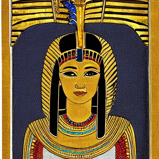 Prompt: egyptian elder woman with high detailed golden crown.