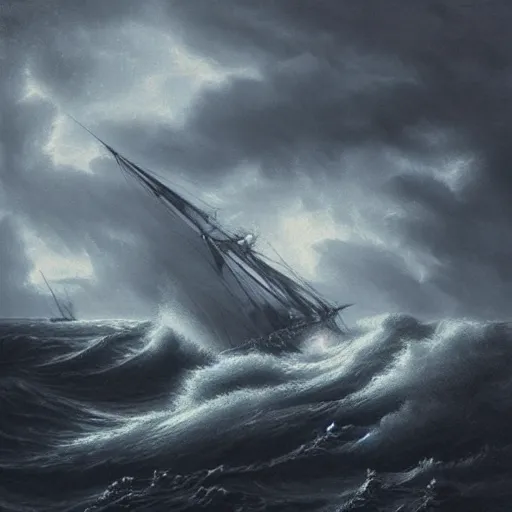 Prompt: a majestic ship sinking in a raging storm, dark mood, amazing lighting, highly detailed