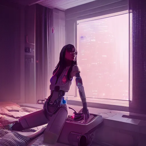 Image similar to a cyborg girl dreaming in cyberpunk apartment, render, octane, 4k, highly detailed, vivid colors, light and shadow, high definition, by James Gilleard and Makoto Shinkai