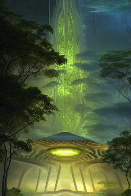 Image similar to a stormy tropical forest with green lightning bugs flying around a ancient futuristic temple designed by zaha hadid, tone mapped, shiny, intricate, cinematic lighting, highly detailed, digital painting, artstation, concept art, smooth, sharp focus, illustration, art by arthur haas and bruce pennington and john schoenherr