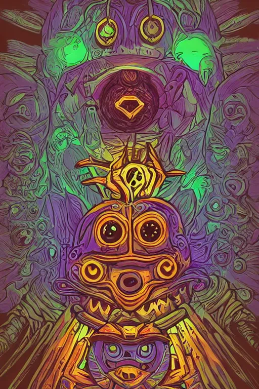 Prompt: knit majora's mask tribal feather gemstone plant wood rock shaman vodoo video game vector illustration vivid color borderlands by josan gonzales and dan mumford radiating a glowing aura