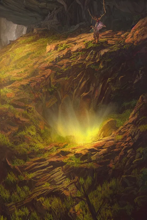 Prompt: cliff of the mire, art by paul wenzel and matt fox and j. p. targete, trending on artstation, dramatic lighting low angle view sacred geometry, oil and canvas, epic fantasy, strong colors, line drawing