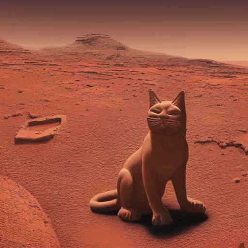 Image similar to painting of an ancient cat statue on mars surface, visible in distance, partially covered in dust, style of greg rutkowski