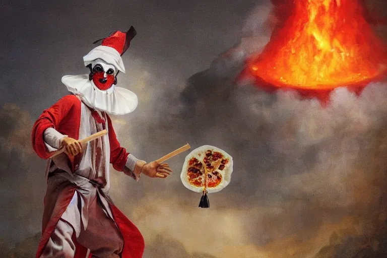 Image similar to a highly detailed pulcinella! holding a pizza! margherita, full body, volcano in background, lava and smoke, ominous, detailed painting by arturo faldi, trending on deviantart, octane, masterpiece