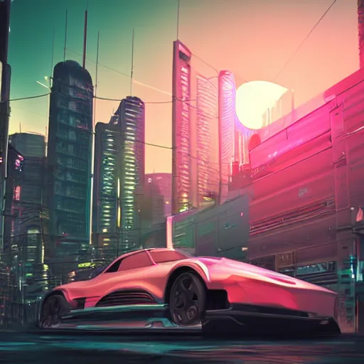Prompt: cyberpunk car in a city at sunset