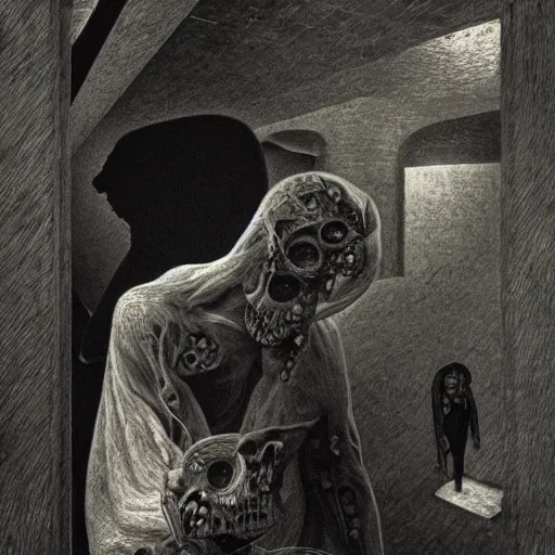 Prompt: lost in the supermarket, from the terrifying and incomprehensible beyond, body horror, by gerard brom, zdzisław beksinski and ansel adams