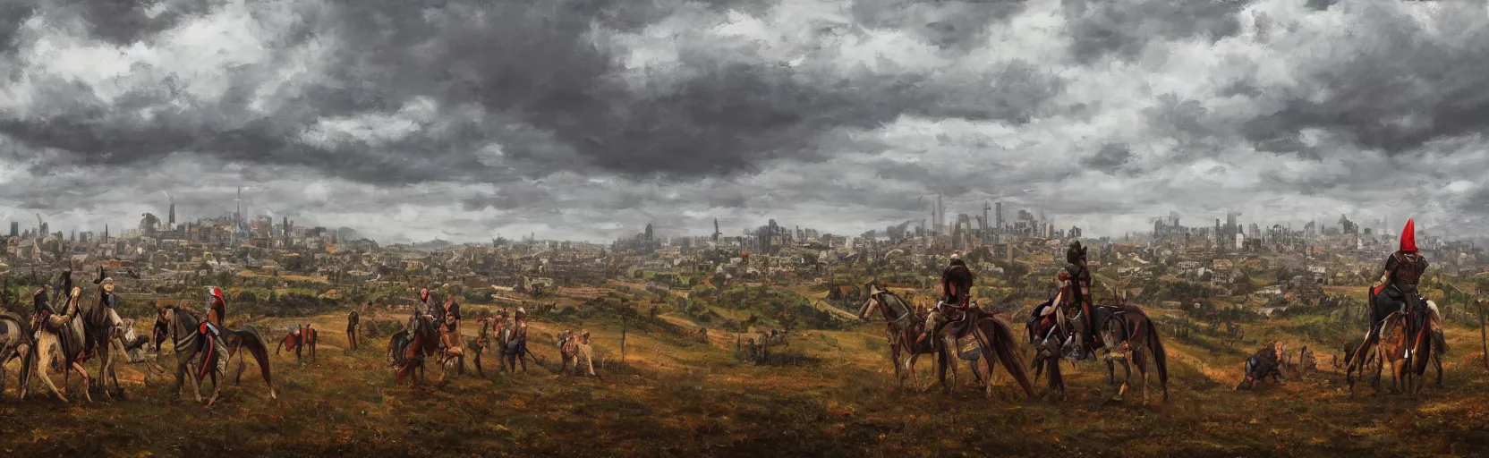 Prompt: horseback knights at scenic overlook; cloudy, grey skies, large tents in foreground, fortress city of deteriorating background on centered hill, post apocalyptic, grungy; oil on canvas, artstation, neon