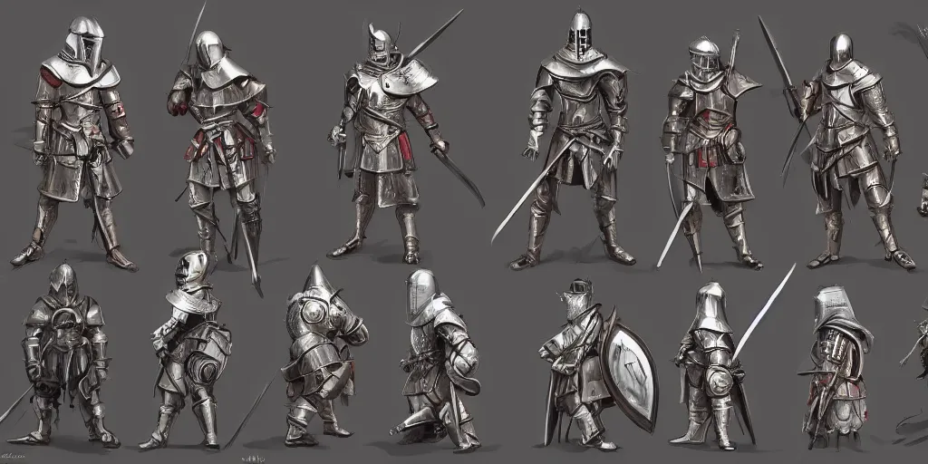 Prompt: different views medieval knights, intricate!! concept art by senior character artist, trending on artstation, full body character design