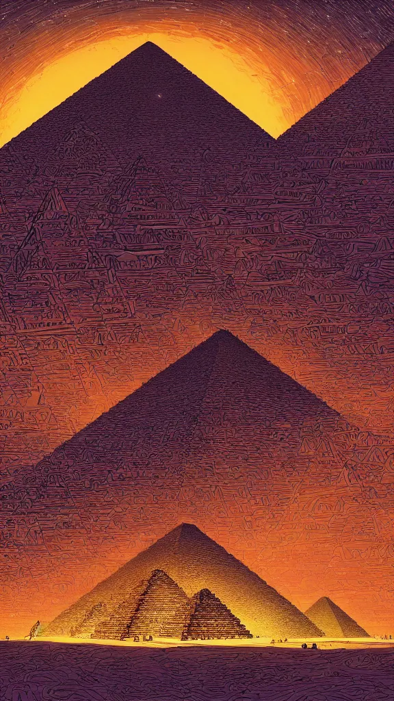 Image similar to highly detailed illustration of the pyramids of giza at night with glowing tips by moebius, nico delort, oliver vernon, kilian eng, joseph moncada, damon soule, manabu ikeda, kyle hotz, dan mumford, otomo, 4 k resolution