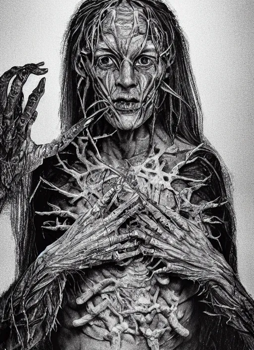 Image similar to portrait of Paimon, one of the kings of hell with translucent skin, visible muscles and veins and arteries and bones and spines and nerves, beautiful detailed intricate insanely detailed octane render, 8k artistic photography, photorealistic, chiaroscuro, by David Cronenberg, Raphael, Caravaggio