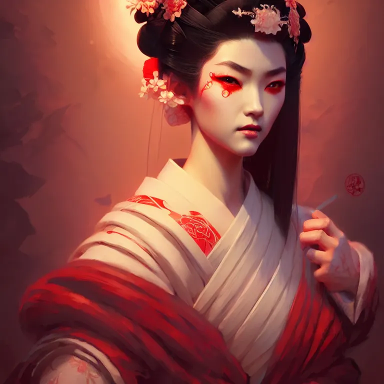 Image similar to pretty geisha, d & d digital painting, ultra realistic, beautiful, volumetric lighting, cell shading, by james jean, greg rutkowski, wlop