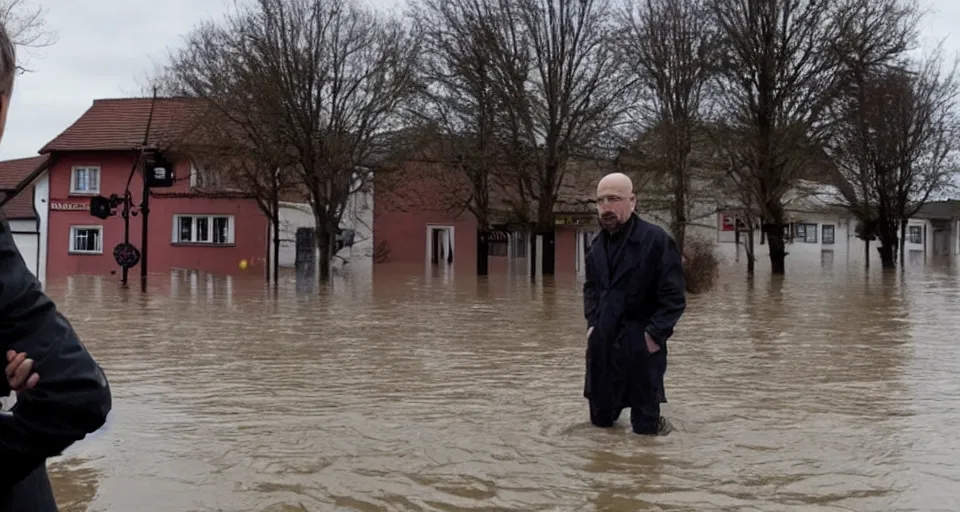 Prompt: Walter White visiting a small german town that is being flooded, movie screenshot, dramatic scene