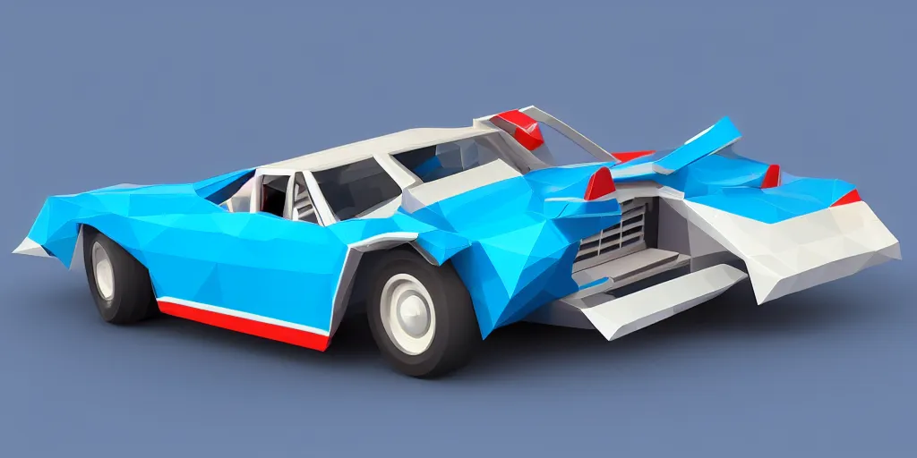 Prompt: a 3d low poly game object of a retro car on the blue background, mobile game