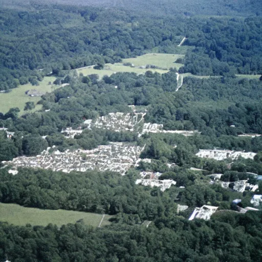 Prompt: aerial view of woodstock, color, 1 9 6 9