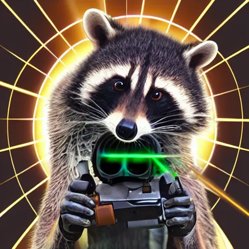 Image similar to racoon holding a laser gun, digital art , centred award winning 4K