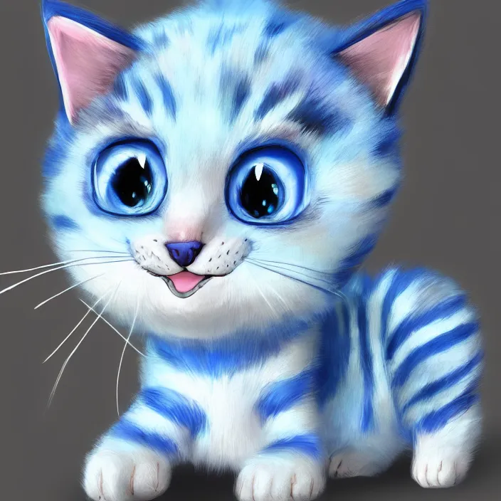 Prompt: cute cat of cheshire an adorable cat with light blue stripes, shiny eyes and a big human like playful smile. award - winning digital art, trending on artstation