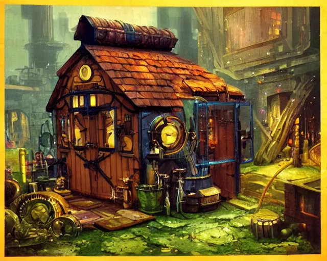 Prompt: IKEA catalogue photo of a steampunk shed, by Paul Lehr