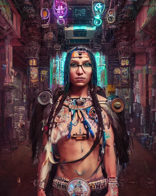 Prompt: Beautiful art portrait of a cyberpunk native american female owl shaman in a temple, cyberpunk aesthetic, atmospheric lighting, intricate detail, cgsociety, hyperrealistic, octane render, RPG portrait, ambient light, dynamic lighting,