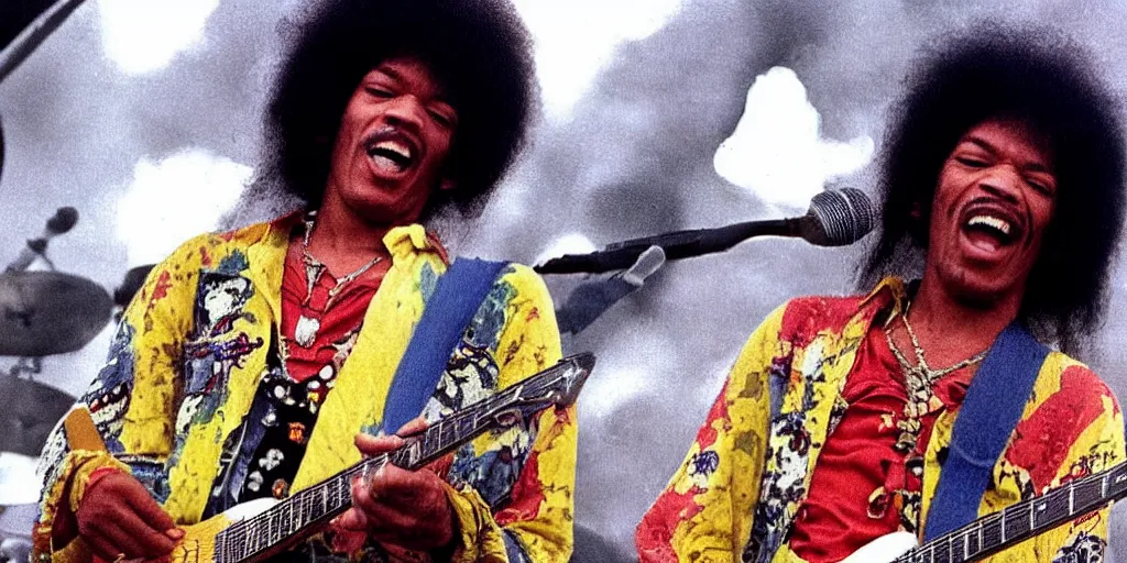 Prompt: Jimmy Hendrix live at Woodstock 1969, grainy photo