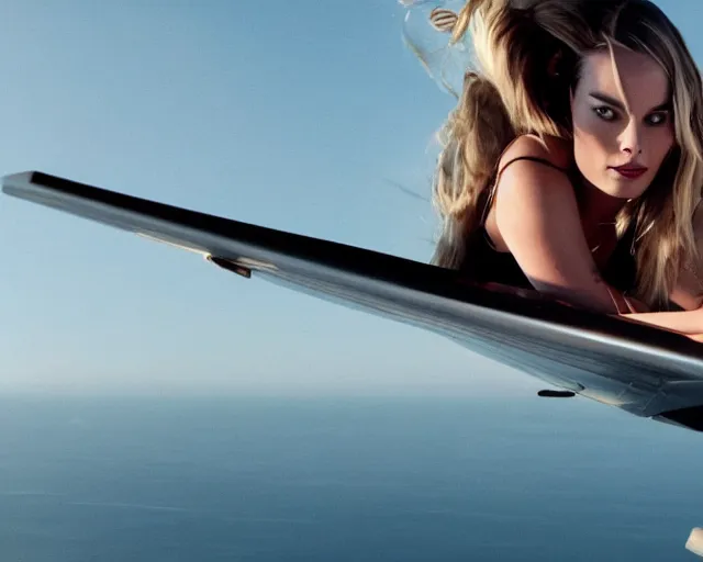 Image similar to a photo of margot robbie sitting on a flying plane, hyper realistic face, beautiful eyes, cinematic, long shot, hyper detailed, 8 5 mm photograph, 8 k resolution, film still, sharp lens, wide lens