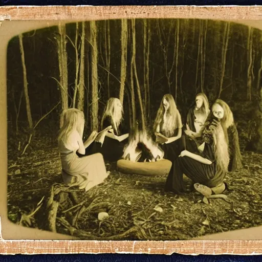 Image similar to witches gather around a bonfire in a forest, polaroid