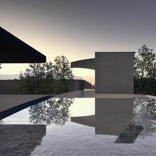 Prompt: a photorealistic 3 d render of modern architecture, organic style, two point perspective, global illumination hdri, deatiled sky, overcast, sunset, soft shadows, rain puddles with realistic reflections