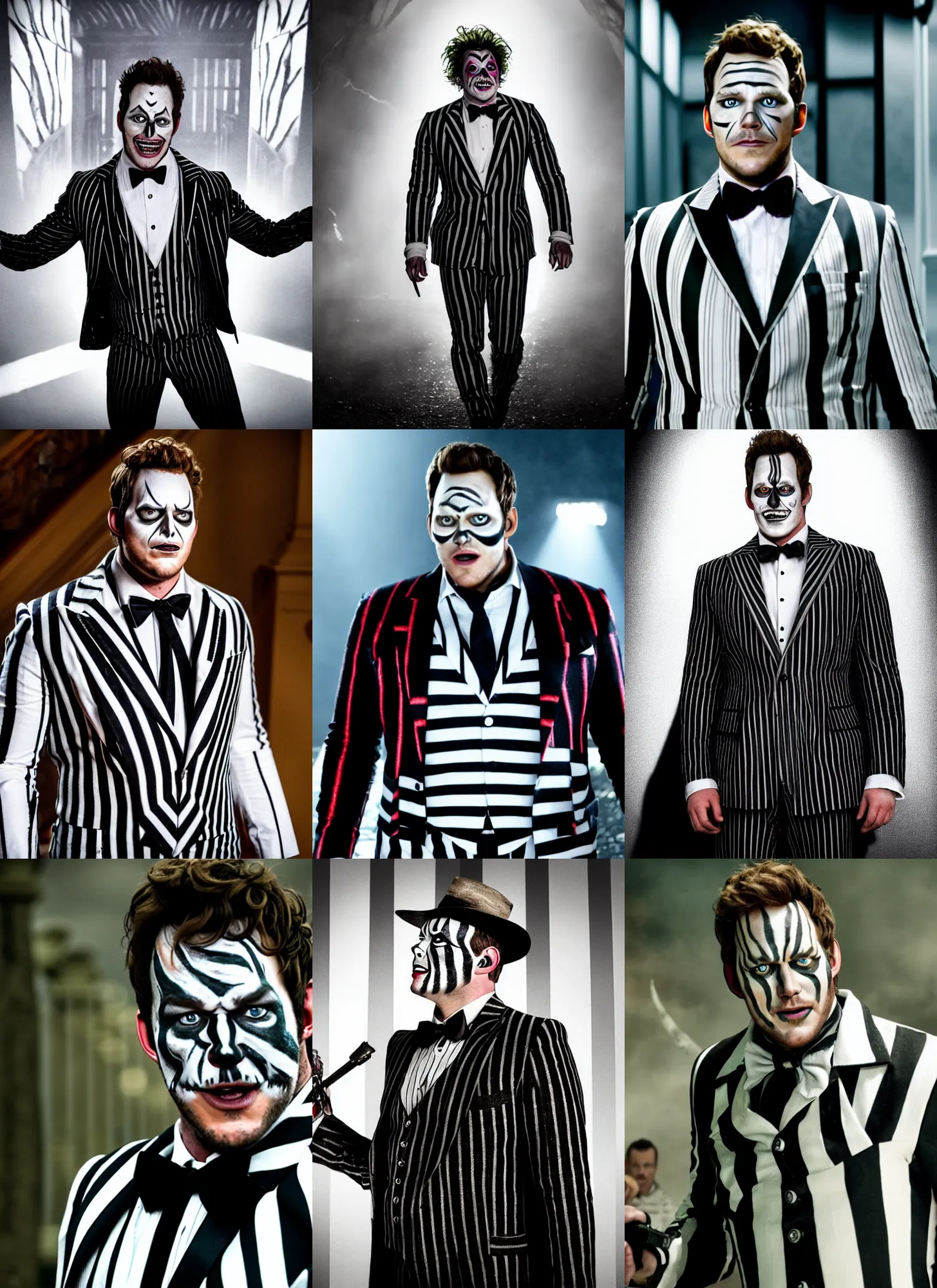 Prompt: a movie still of chris pratt as beetlejuice, detailed, white face paint, black eye shadow, wearing a black and white striped suit, dynamic lighting, 8 k hdr movie still