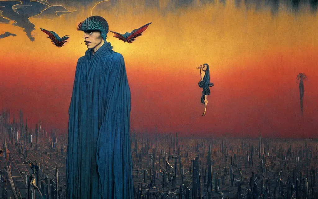 Image similar to realistic detailed portrait movie shot of a birdman wearing dark ragged robes, futuristic city sunset landscape background by denis villeneuve, amano, yves tanguy, alphonse mucha, ernst haeckel, max ernst, roger dean, rich moody colours, blue eyes