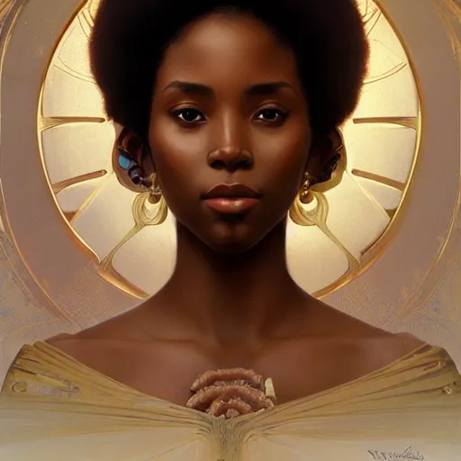 Prompt: portrait of an afro goddess, intricate, elegant, highly detailed, digital painting, artstation, concept art, smooth, sharp focus, illustration, art by artgerm and greg rutkowski and alphonse mucha and william - adolphe bouguereau