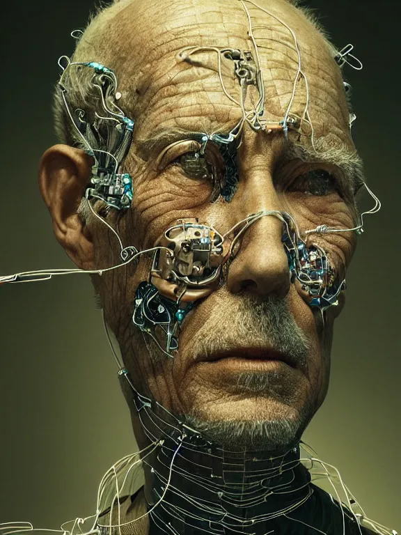 Image similar to portrait of old man, skin peeling to reveal robotic circuitry, wires, art by ryo shiotani and greg rutkowski, intricate, beautiful, portrait photography, cinematic lighting, vintage art by serge ivanoff, high resolution, very detailed
