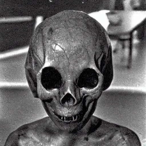 Image similar to historical photo 1 9 7 0 s of humanoid with crooked teeth, black eyes, gaping mouth, alien looking, skull like, big forehead, horrifying, killer, creepy, dead, monster, tall, skinny, open mouth, deathly