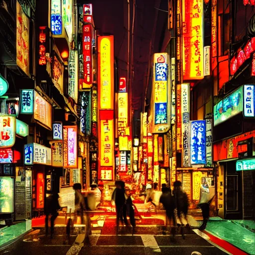 Prompt: futuristic tokyo crowded night street with neon signs by giorgio vasari, renaissance art, the animatrix, atmospheric, cinematic composition, 8 k, cyberpunk lighting