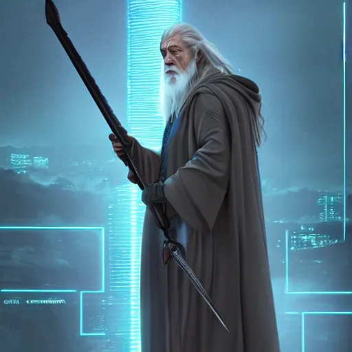 Image similar to cyberpunk gandalf, lord of the rings, photorealistic, 4 k, rain, blade runner, ultra realistic. isometric