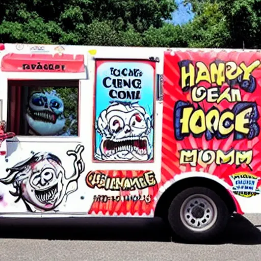 Prompt: the ice cream truck from hell is coming to kill you