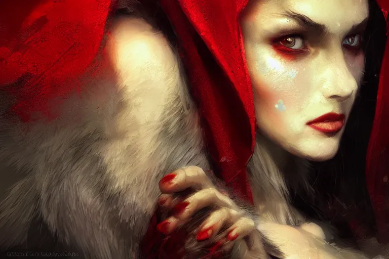 Image similar to red riding hood, wolf, close up, sunlit, paint texture, digital painting, highly detailed, artstation, sharp focus, illustration, concept art, ruan jia, charlie bowater, tom bagshaw, norman rockwell