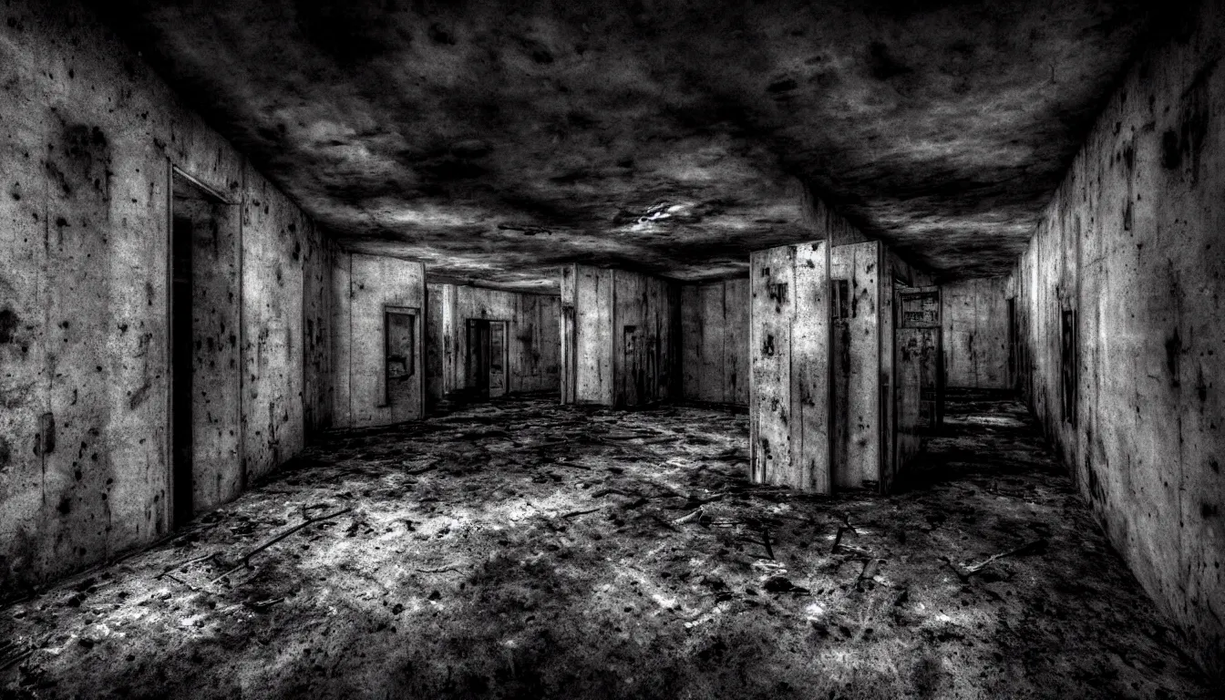 Image similar to haunted abandoned atomic nuclear bunker, dark, atmospheric, scary, claustrophobic, ambient vibe, very detailed, black and white, 4 k